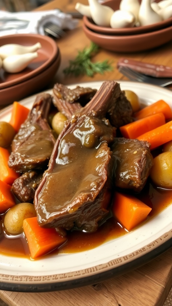 A delicious slow-cooked 7 bone steak served with carrots and potatoes in gravy on a rustic plate.